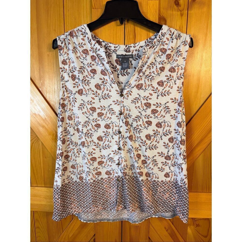 Chelsea & Theodore White Tank with Muted Orange Floral Print and Blue Accents